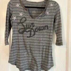 Free People / We The Free Gray and Blue Striped 3/4 Sleeve Top